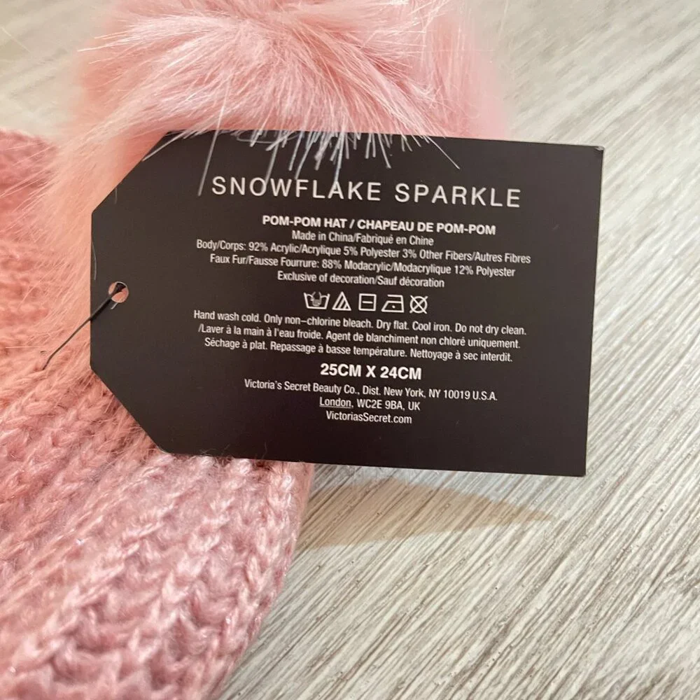 New Victoria's Secret Hat Snowflake Sparkle Pom Jewels Beanie Blush Pink NWT
